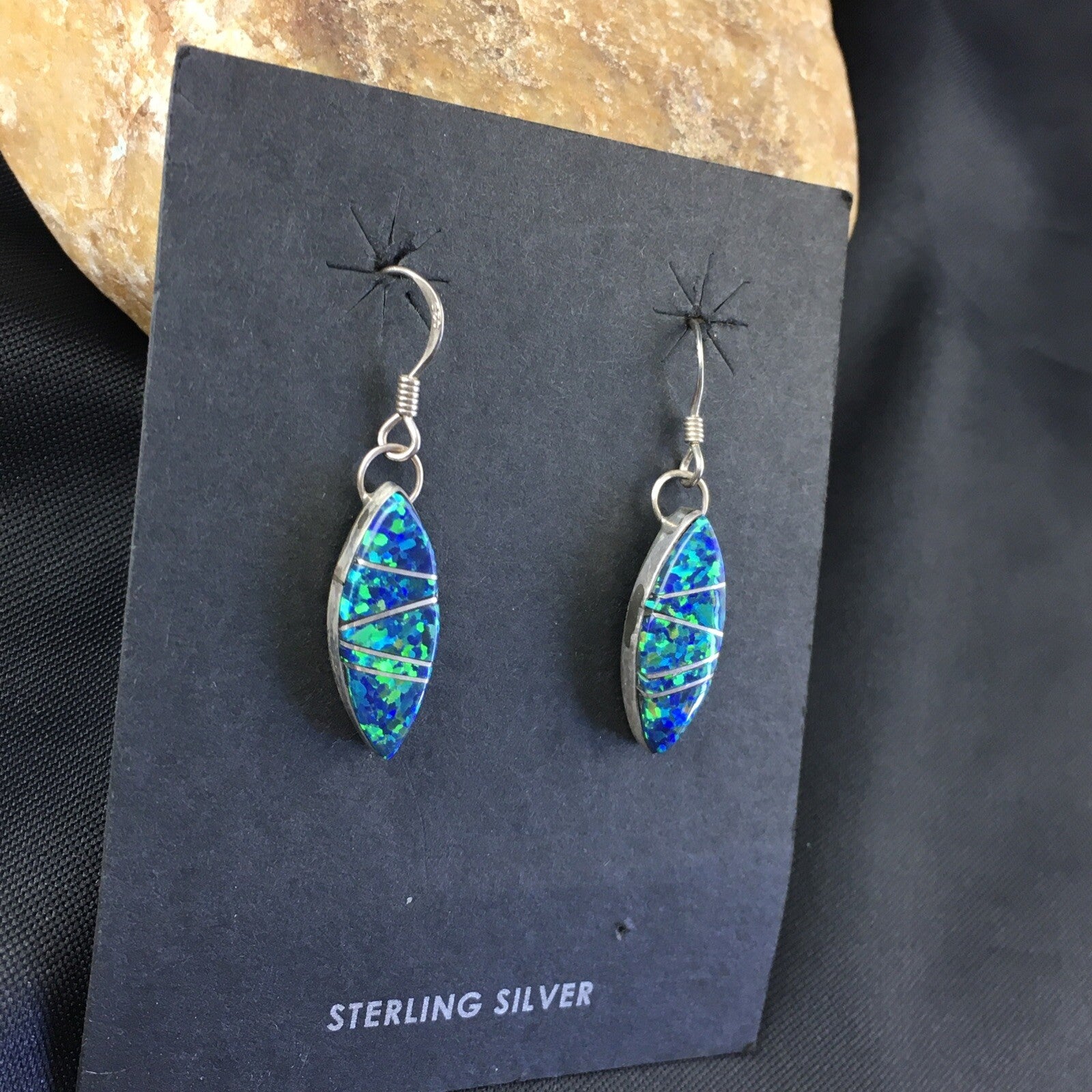 Blue Opal Inlay Navajo Indian Sterling Silver Earrings 2015