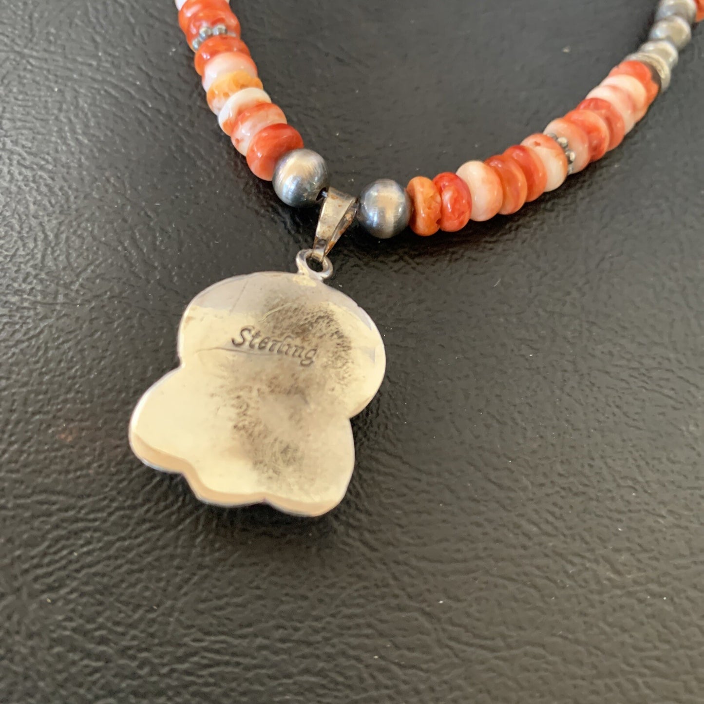 Apple Coral Pendant Spiny Oyster Navajo Pearls Sterling Silver Necklace 12389