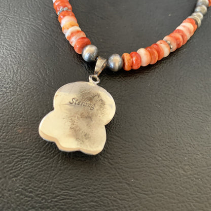Apple Coral Pendant Spiny Oyster Navajo Pearls Sterling Silver Necklace 12389