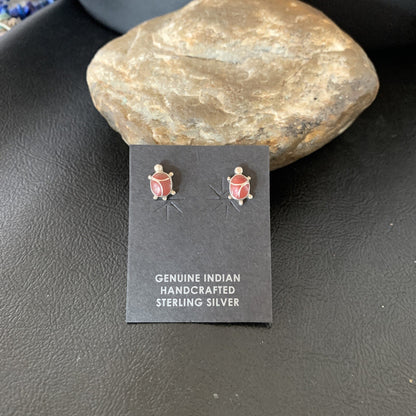 Womens Orange Spiny Oyster Turtle Inlay Navajo Sterling Silver Earrings 12833