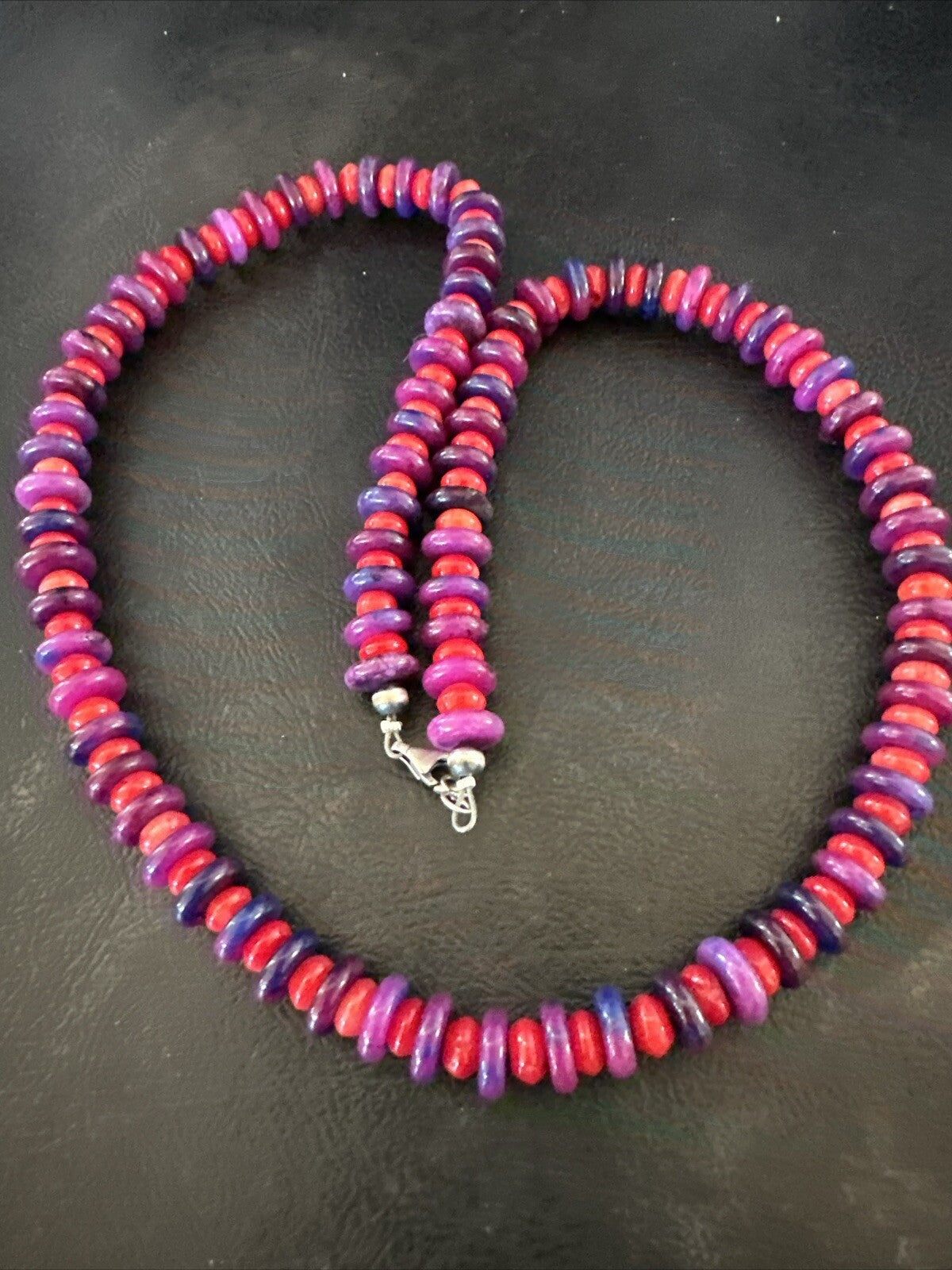 10mm  Purple Stone Red Coral Bead Navajo Sterling Silver Necklace 23” 17832
