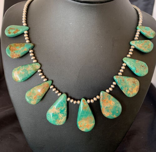 Navajo Pearls Royston Turquoise Teardrop Necklace Sterling Silver 12003