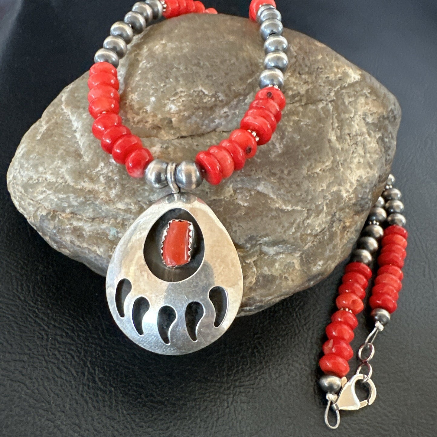Red Coral BearPaw Inlay Pendant Navajo Pearls Sterling Silver Necklace 21" 18058