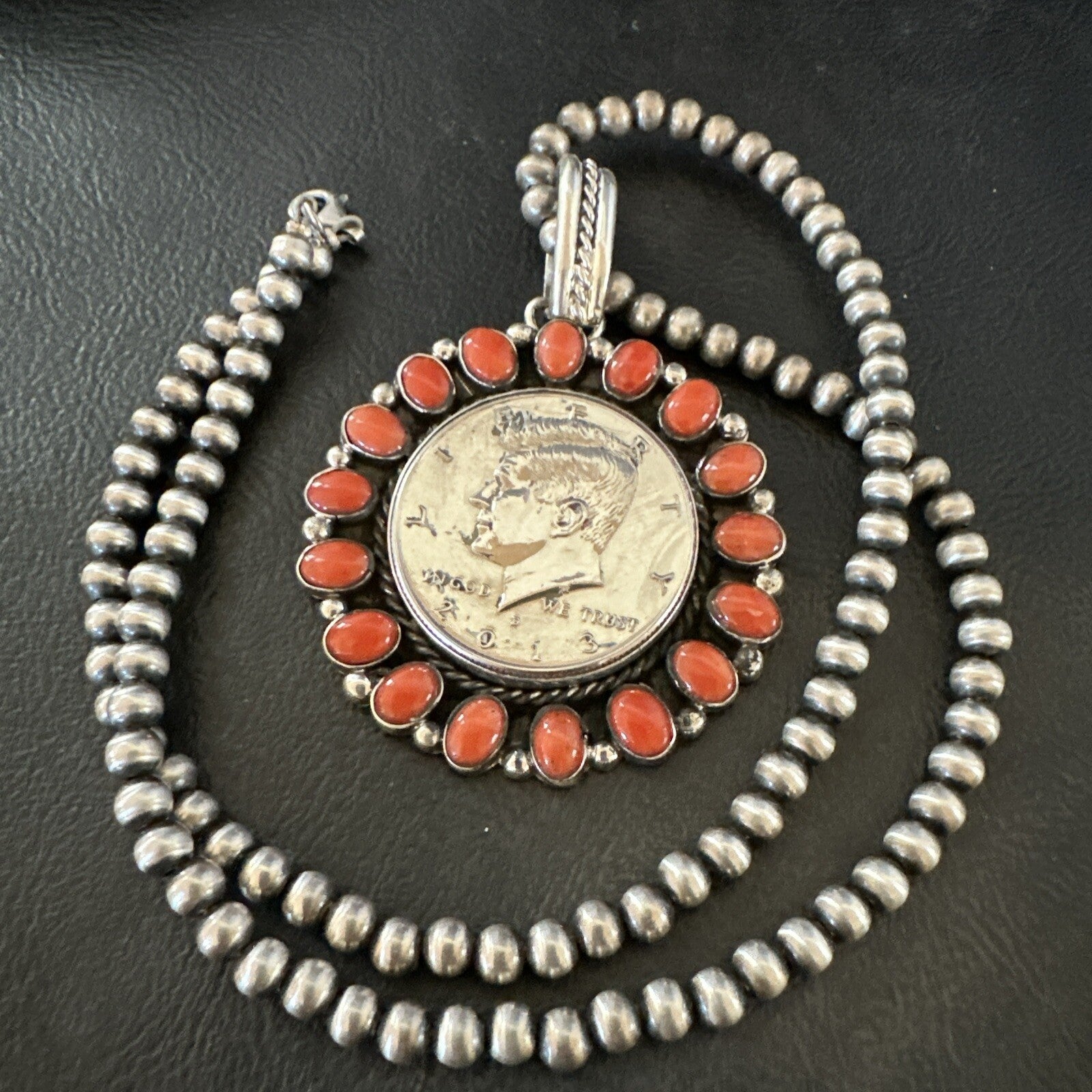 Coin Pendant Red Spiny Oyster Turquoise Navajo Sterling Silver Necklace 17925