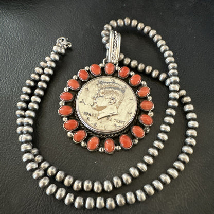 Coin Pendant Red Spiny Oyster Turquoise Navajo Sterling Silver Necklace 17925