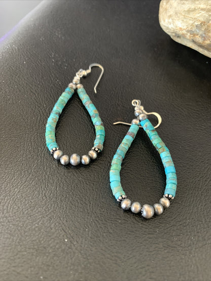 Blue Turquoise Heishi Sterling Silver Navajo Beads Earrings 2" 13043
