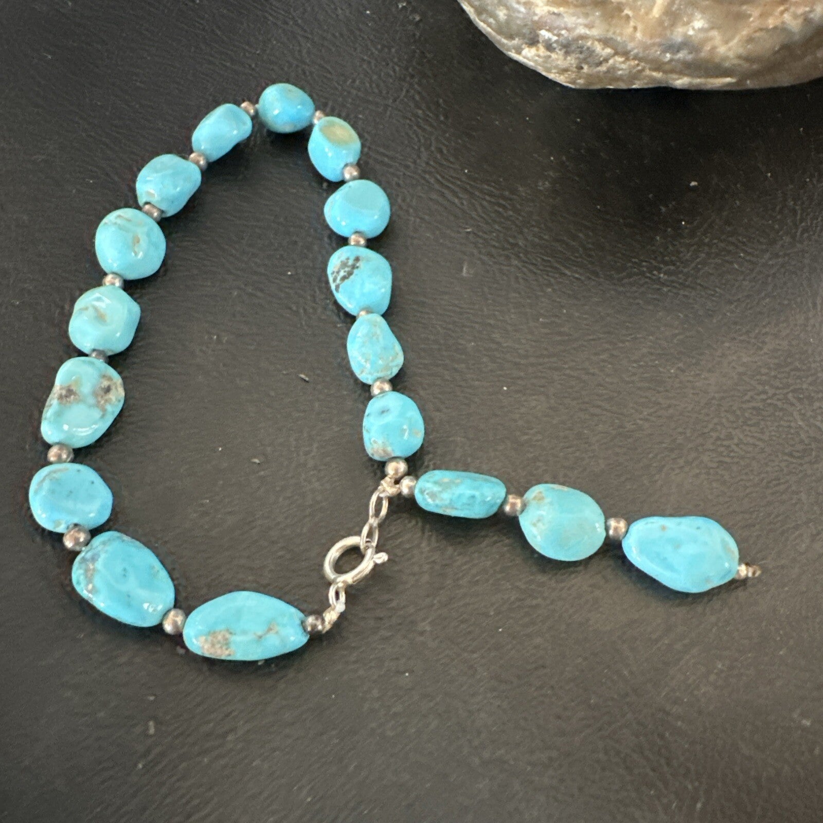 Blue Sleeping Beauty Nugget Turquoise Sterling Silver Navajo Bracelet 7.5” 18608