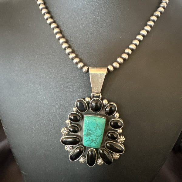 Women's Black Onyx Blue Turquoise Pendant Navajo Necklace | Sterling Silver | Authentic Native American Handmade | 18401