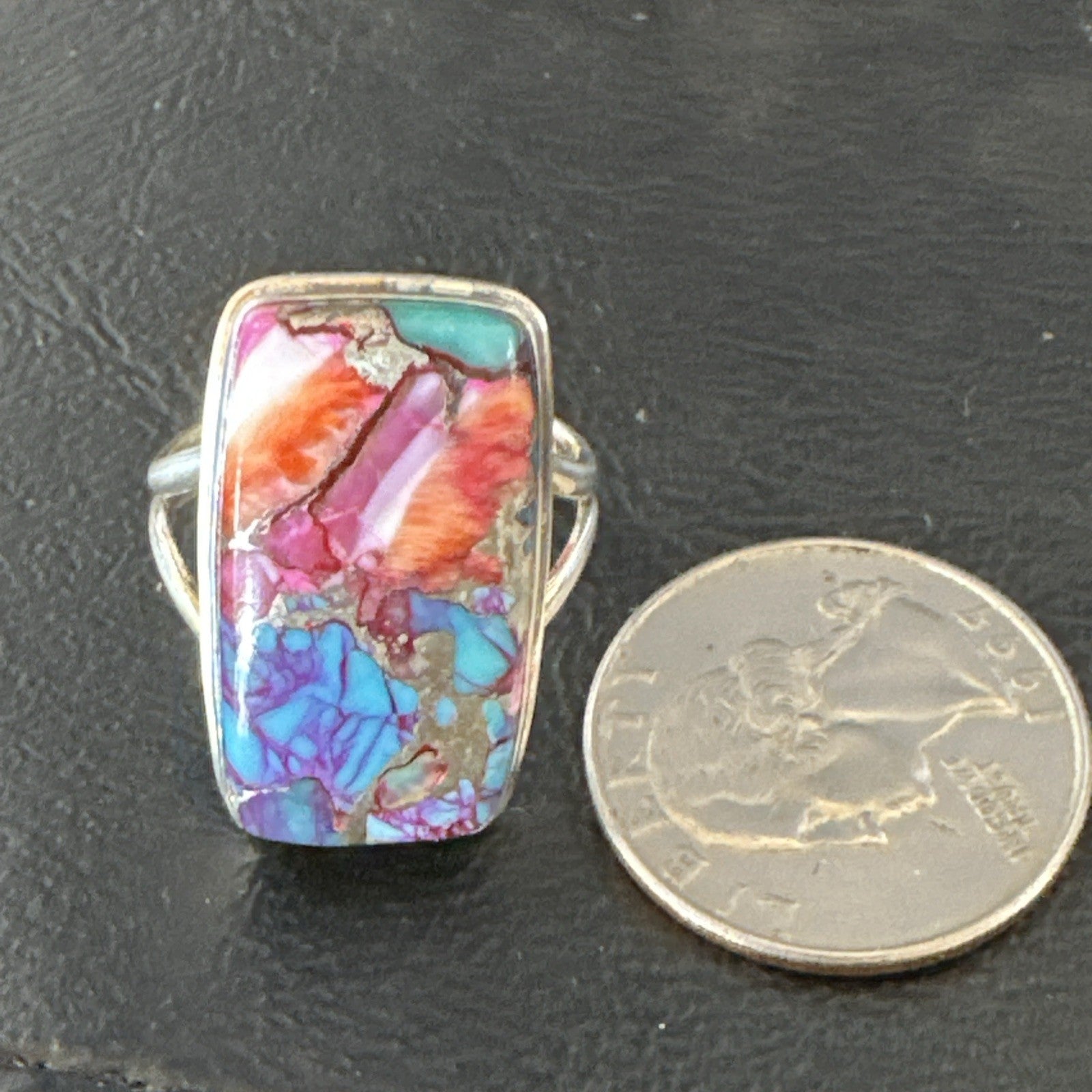 Blue Turquoise Spiny Oyster Southwestern Sterling Silver Ring Size 9 19059