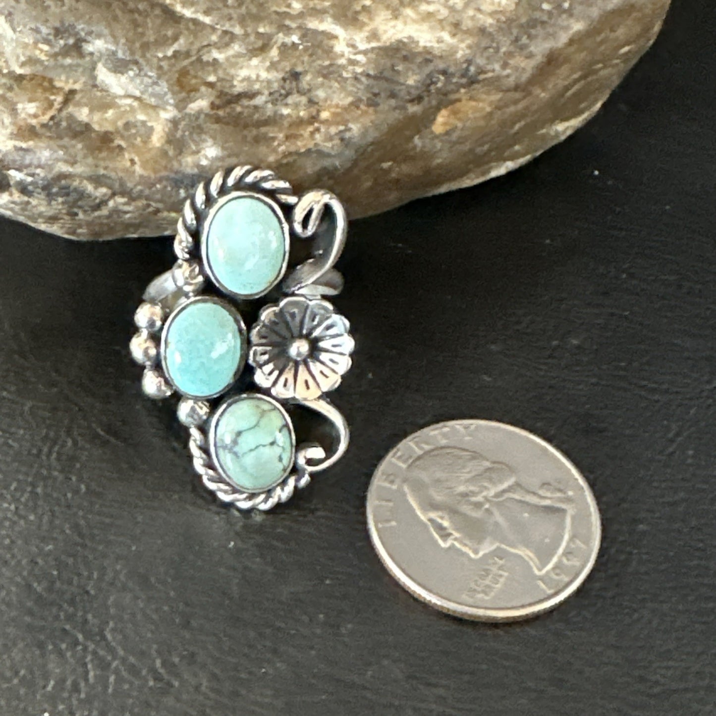 Yazzie Ring Green Turquoise Navajo Sterling Silver Cluster Size 8 19207