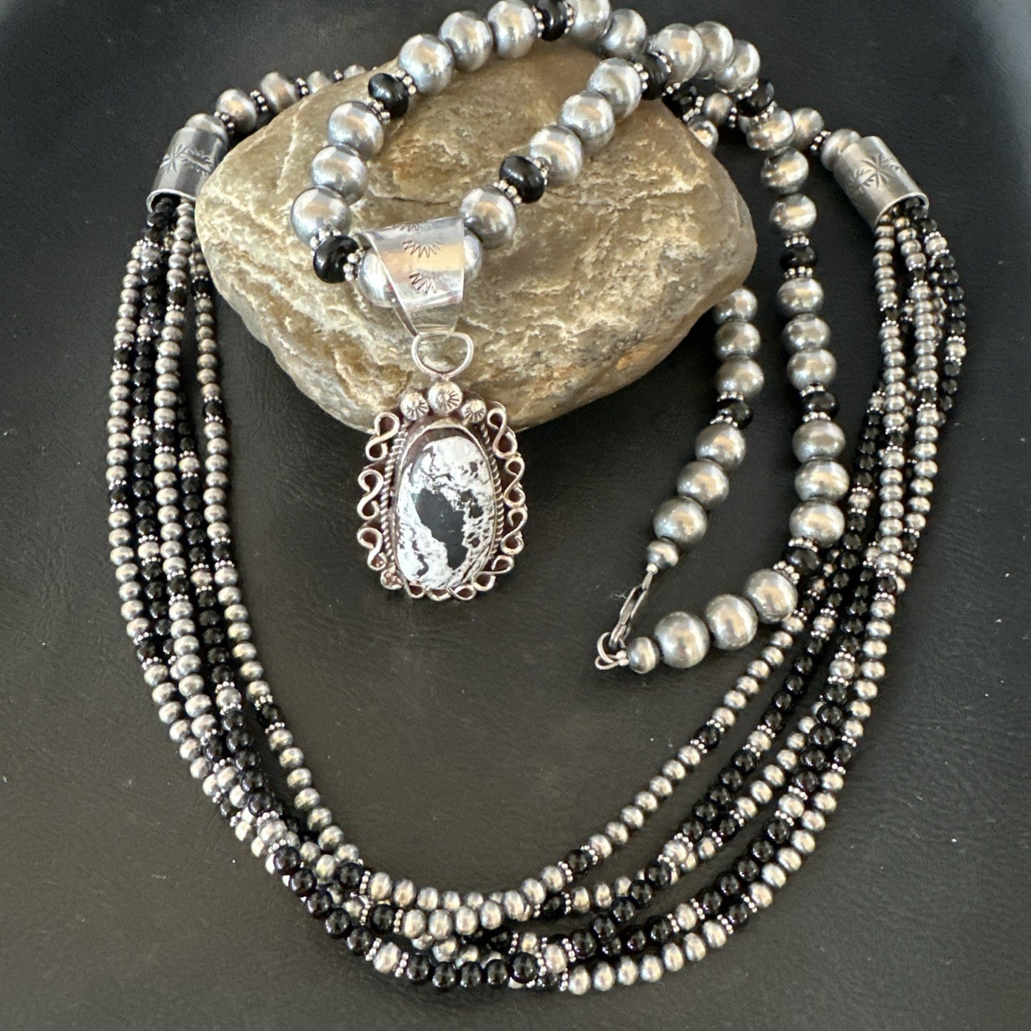White Buffalo Black Onyx Sterling Silver Navajo Pearls Strand Necklace Set 19020