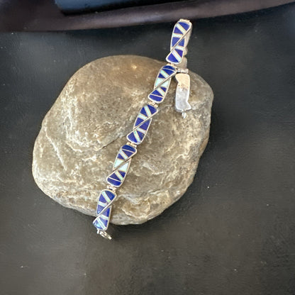 A Womens Blue Lapis Opal Sterling Silver Link Bracelet 9" 19792