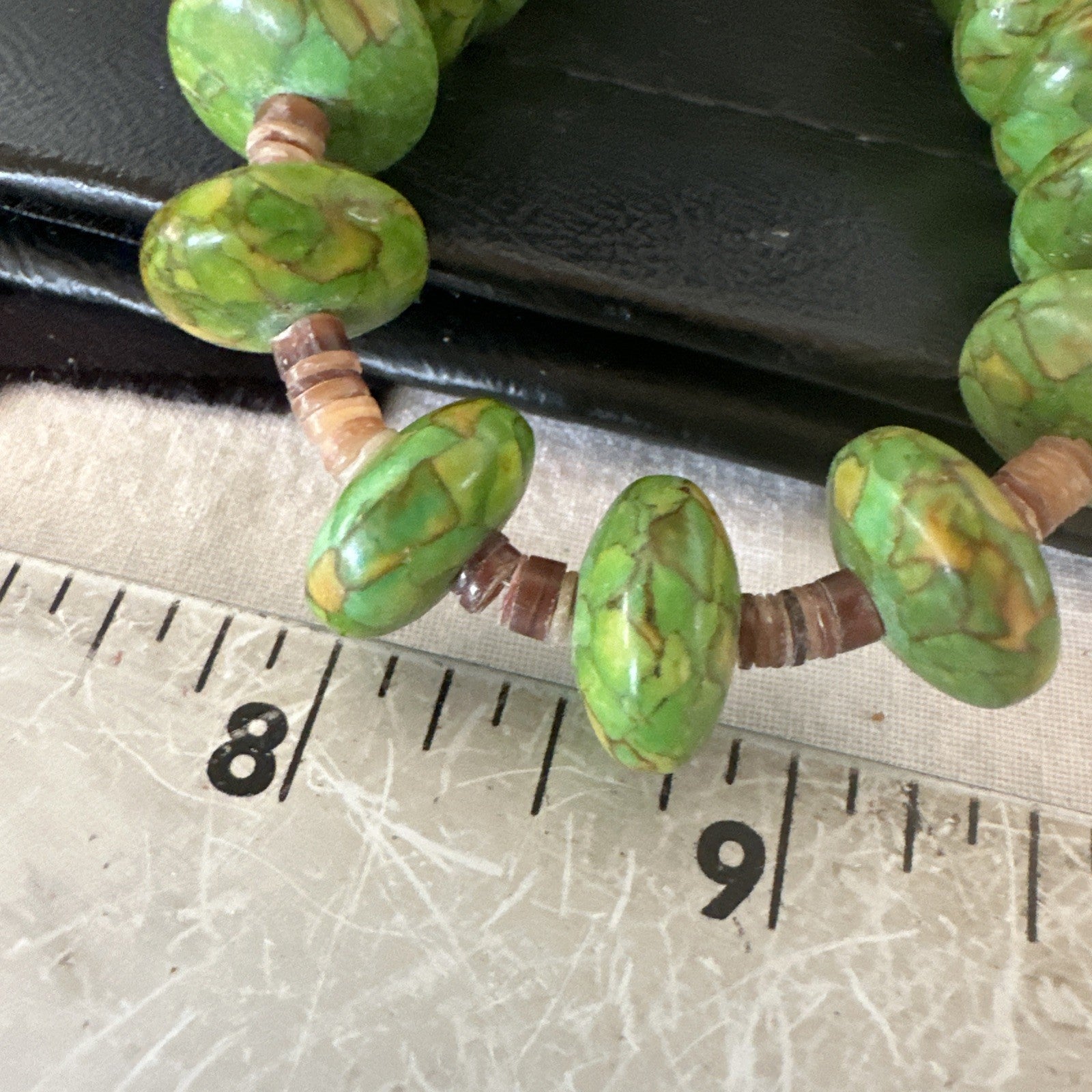 Green Mohave Turquoise Shell Santo Domingo Sterling Silver Necklace 32”19661
