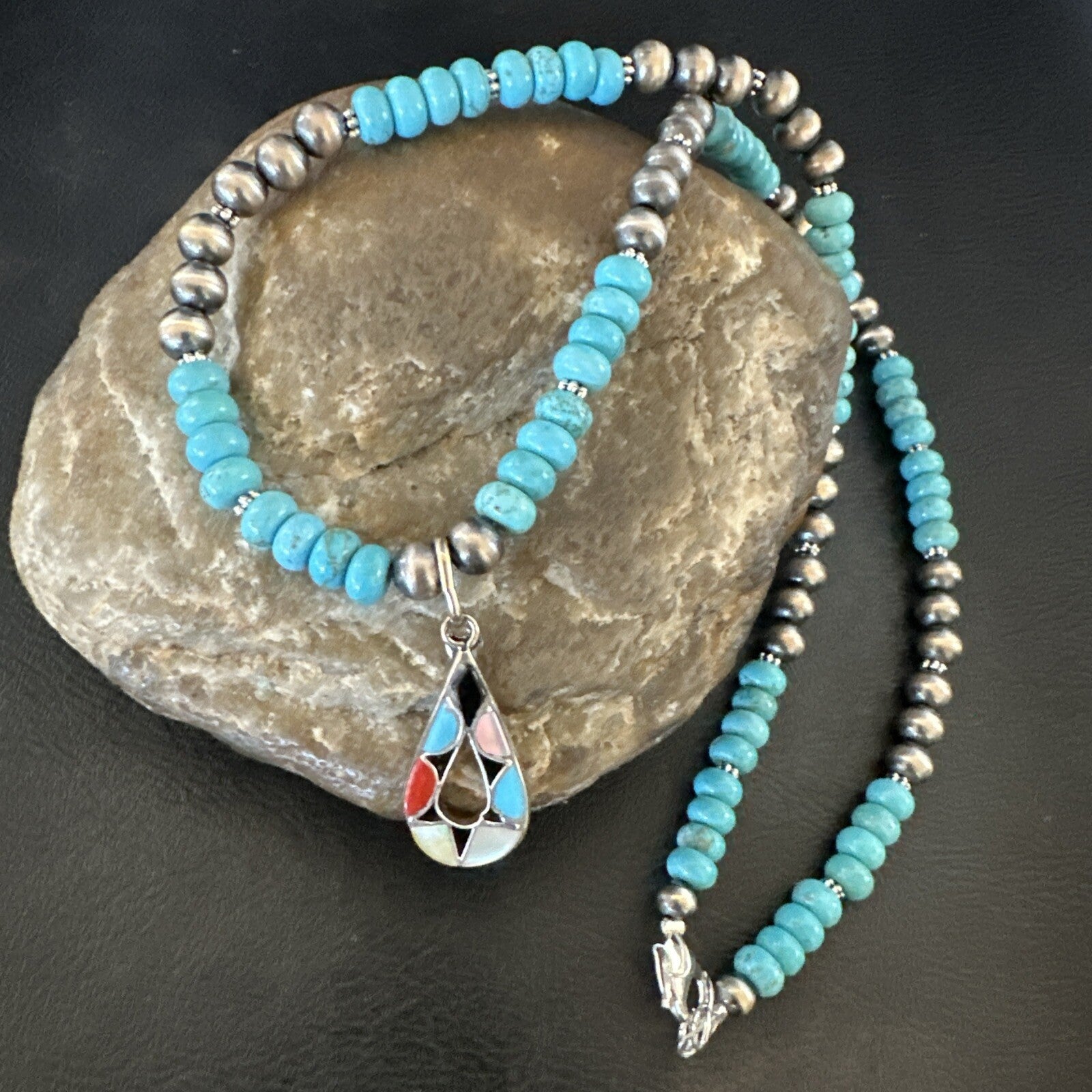 Zuni Turquoise Pink MOP Inlay Pendant 2Sided Necklace Sterling Silver 18062