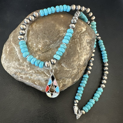 Zuni Turquoise Pink MOP Inlay Pendant 2Sided Necklace Sterling Silver 18062