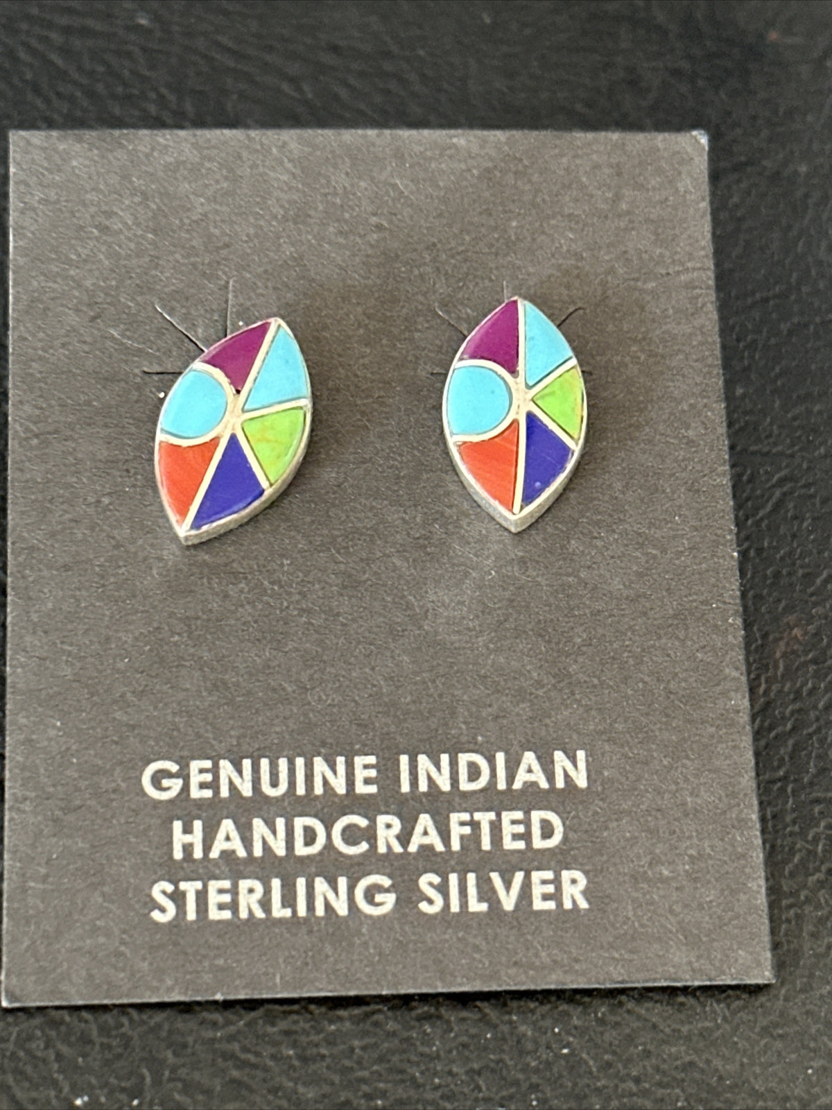Blue Turquoise & Spiny Oyster Navajo Sterling Silver Inlay Earrings 0.5" 14767
