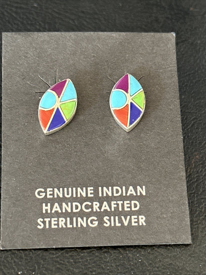 Blue Turquoise & Spiny Oyster Navajo Sterling Silver Inlay Earrings 0.5" 14767