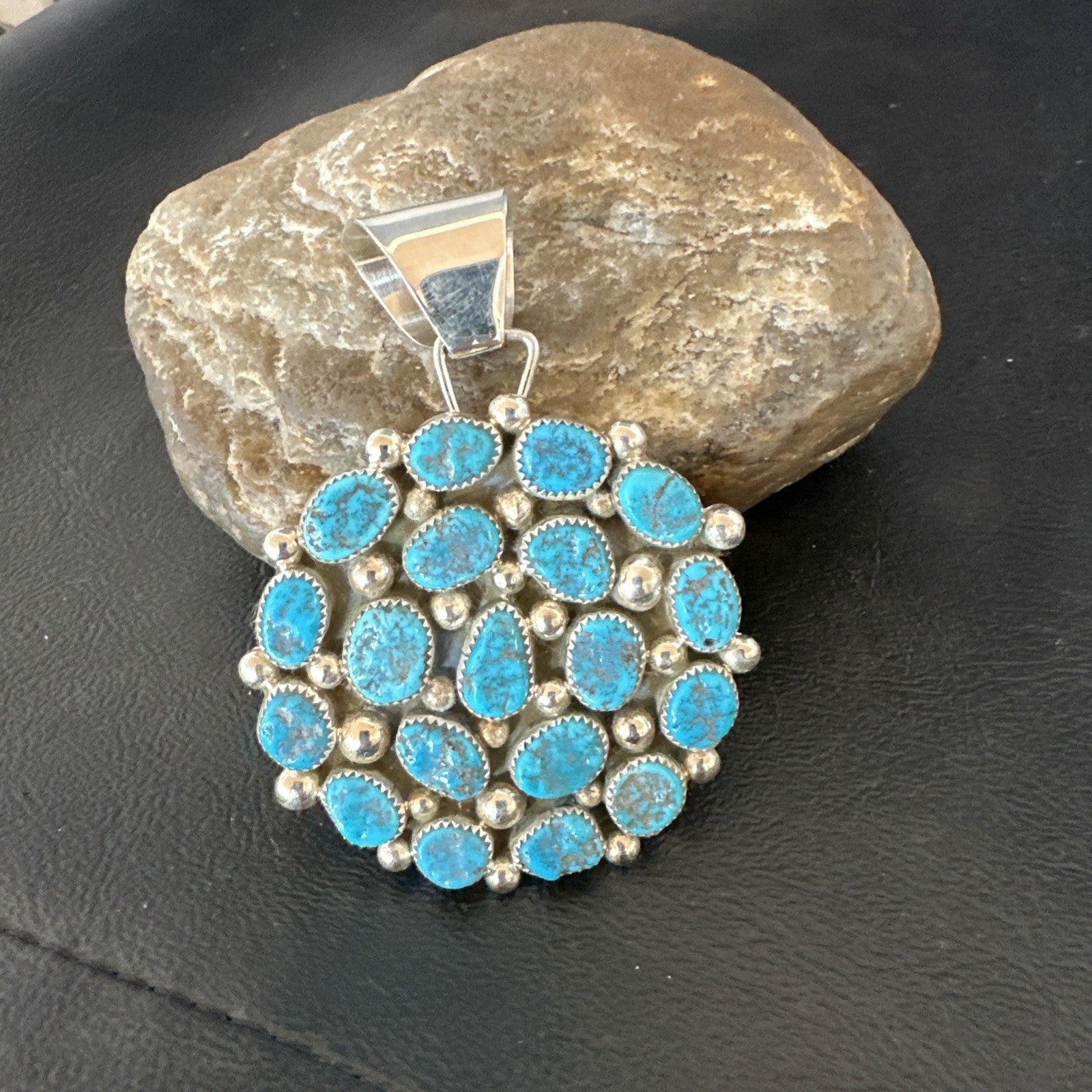 Cluster Kingman Turquoise Navajo Sterling Silver Necklace Pendant 2.75” 19087