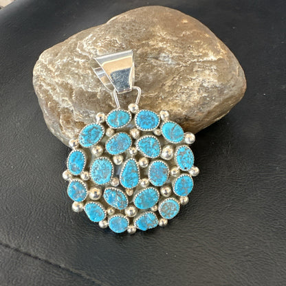Cluster Kingman Turquoise Navajo Sterling Silver Necklace Pendant 2.75” 19087
