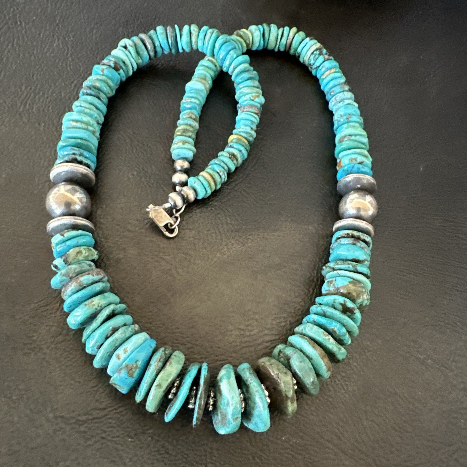 Graduated Blue Turquoise Navajo Pearls Sterling Silver Necklace 18” 18319