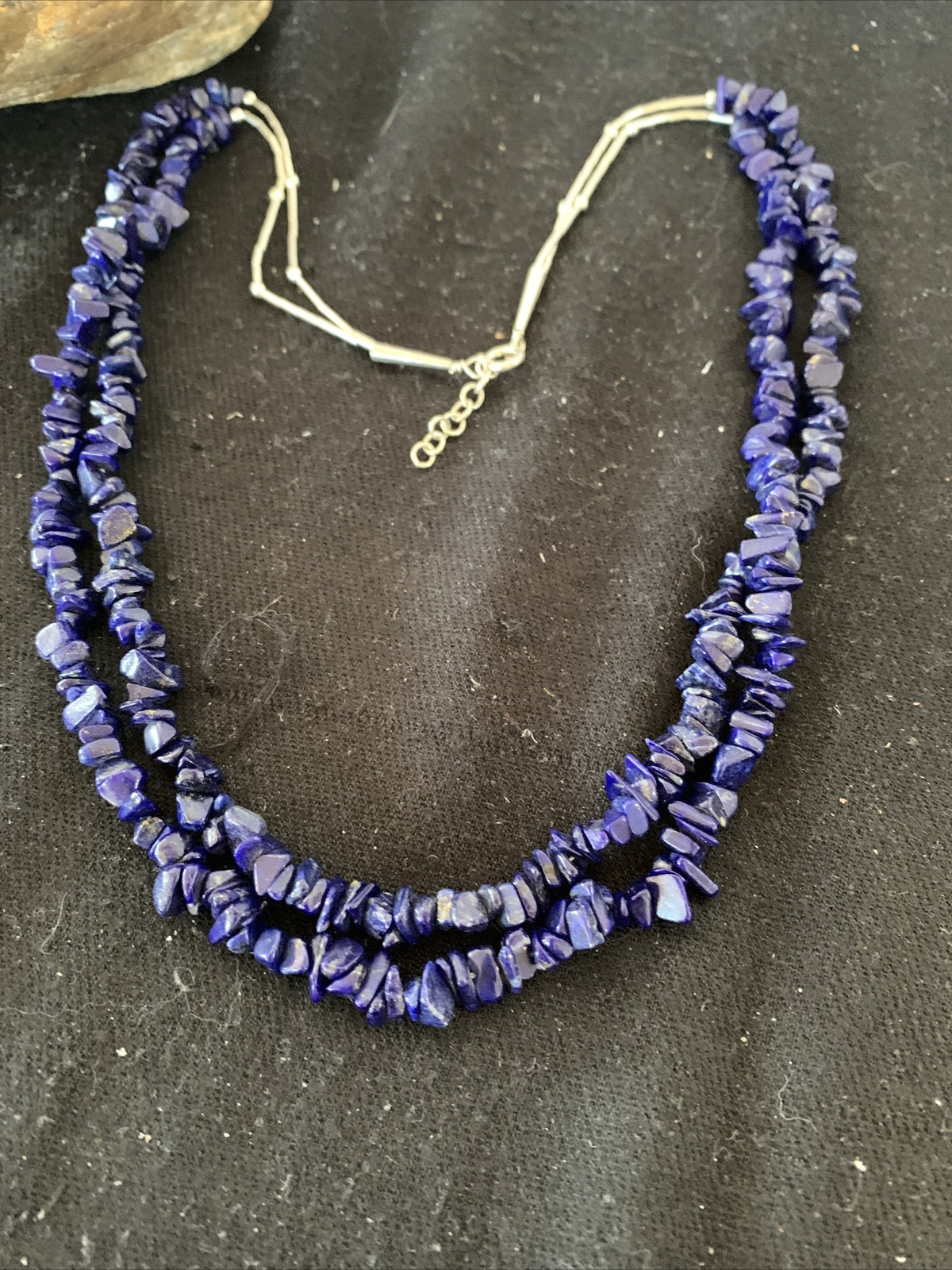 Blue Lapis Bead Liquid Heishi 2 Strands Sterling Silver Tubes Necklace 00853