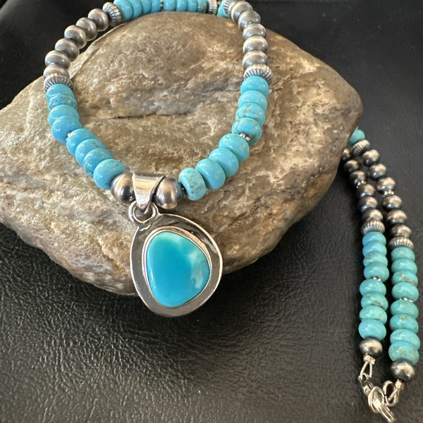 Women's Blue Kingman Turquoise Pendant Navajo Necklace 21" | Sterling Silver | Authentic Native American Handmade | 18422