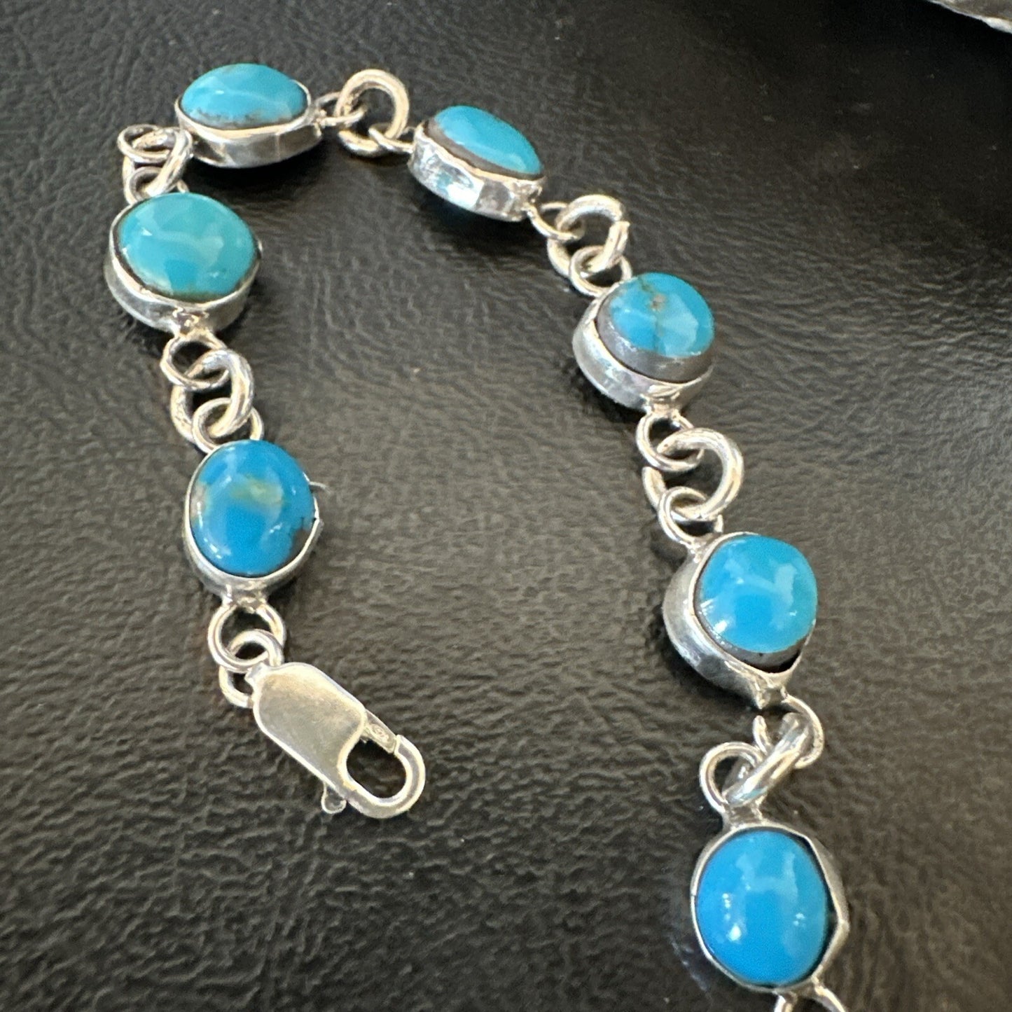 Blue Kingman Turquoise Navajo Sterling Silver Link Bracelet 7” 18299