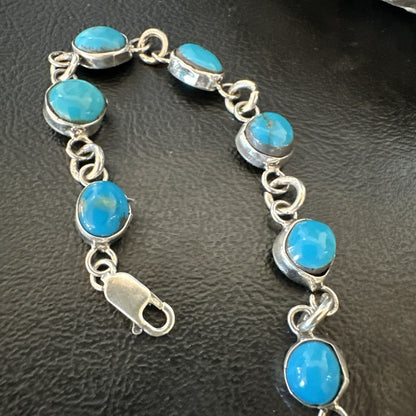 Blue Kingman Turquoise Navajo Sterling Silver Link Bracelet 7” 18299