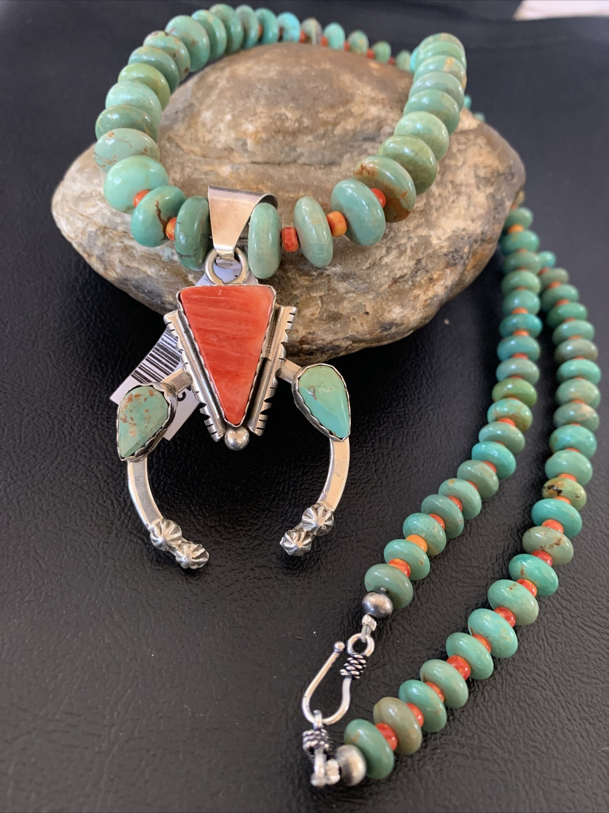 Royston Turquoise & Spiny Oyster Pendant Navajo Sterling Silver Necklace 02042