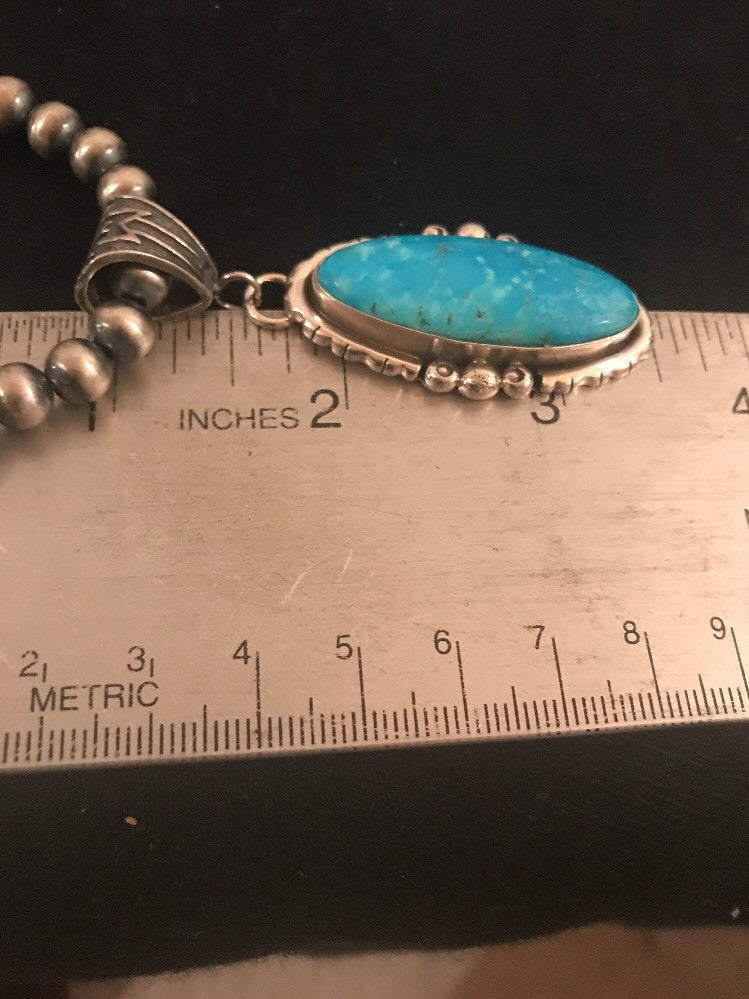 Yazzie Blue Turquoise 2.5" Pendant Navajo Pearls Sterling Silver Necklace 3232