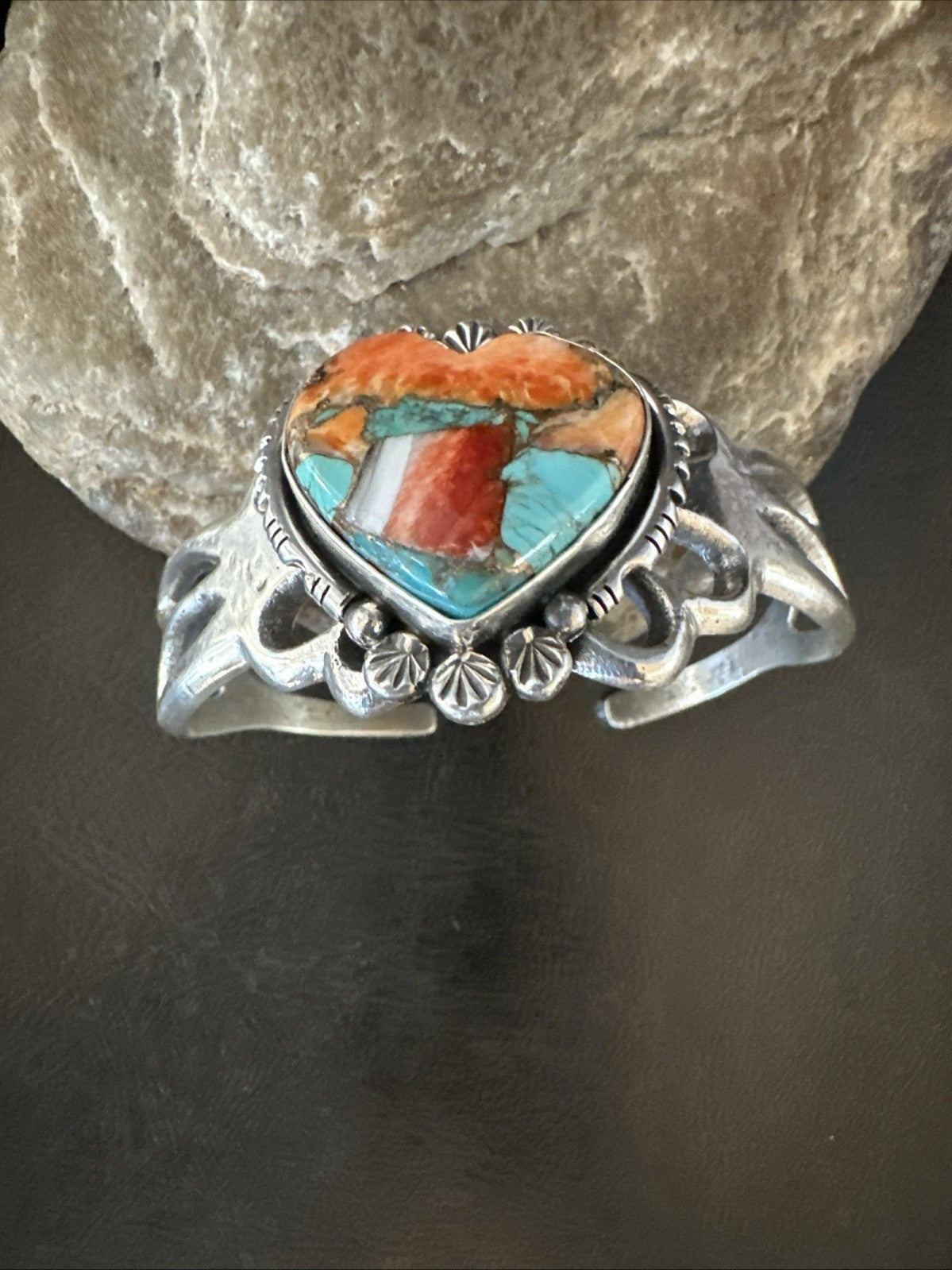 WoMens Tufa Heart Spiny Turquoise Navajo Silver Cuff Bracelet 7.6” 19457