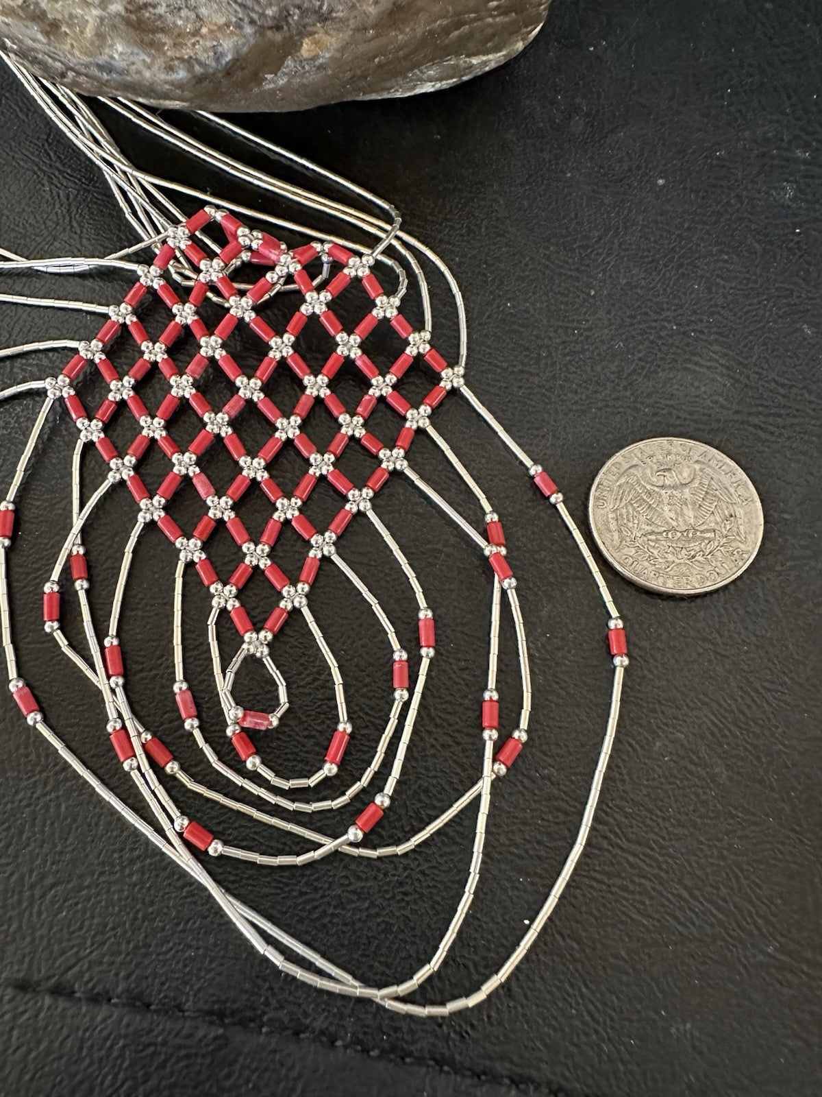 Red Coral Heishi Tubes Pendant 7 Strand Liquid Sterling Silver Necklace 19750