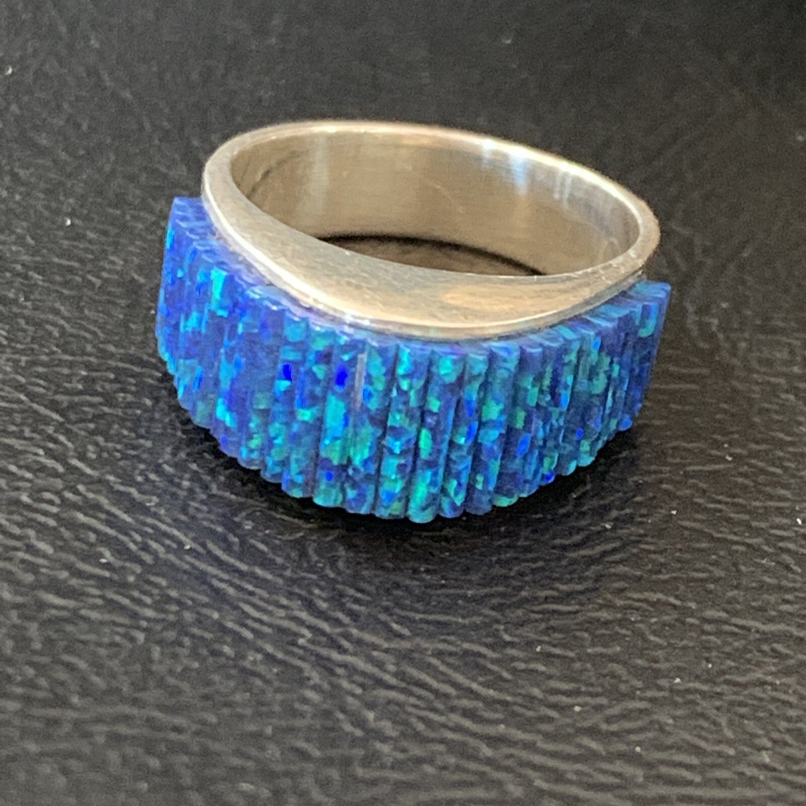 Blue Opal Navajo Sterling Silver Band Inlay Ring Size 9 18798