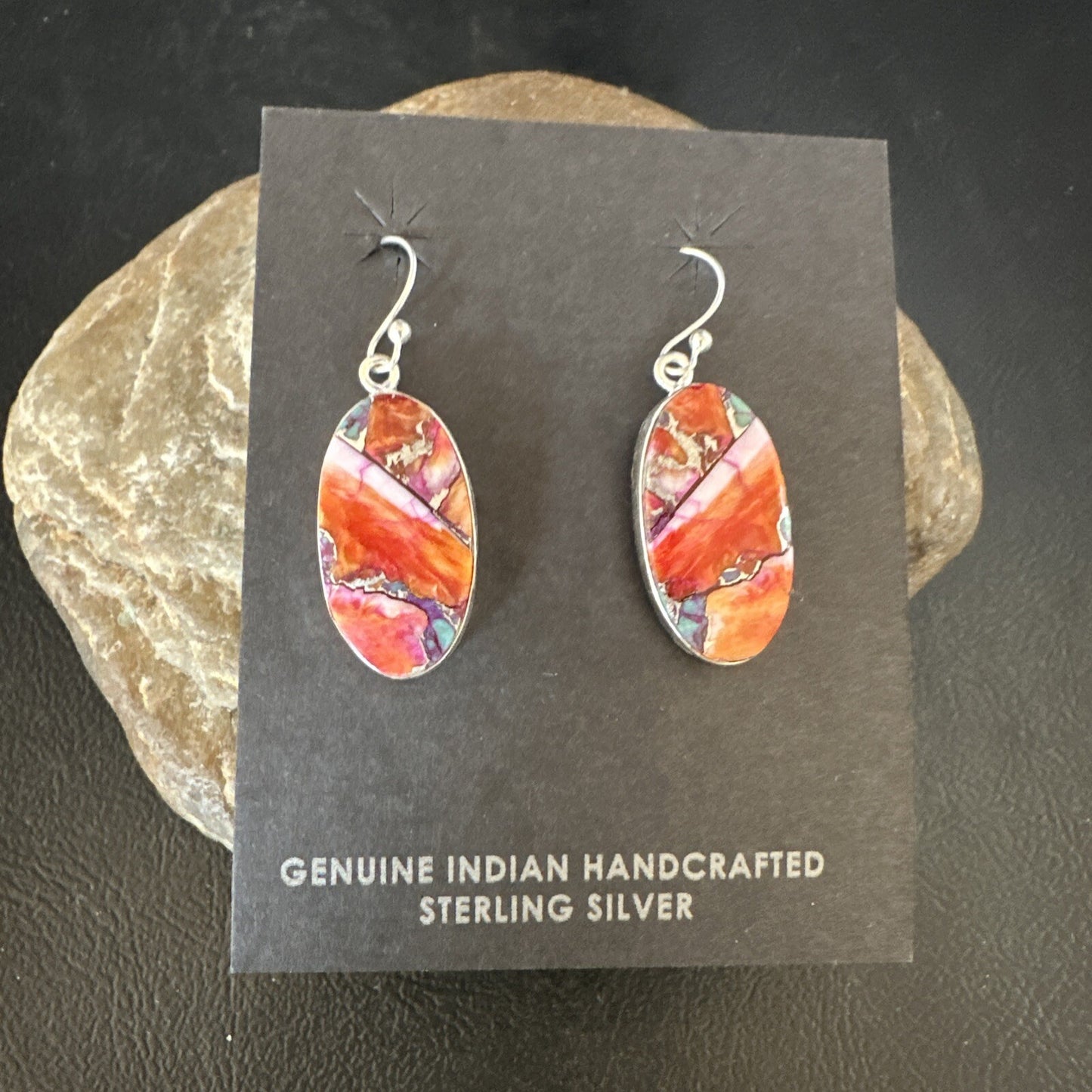 Blue Turquoise Red Spiny Oyster Inlay Sterling Silver Dangle Earrings 15558