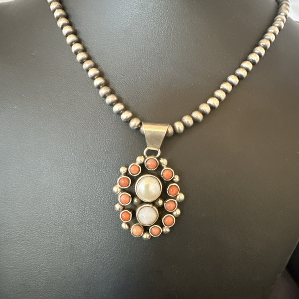 Pink Coral White Pearl Navajo Cluster Pendant 1.5" | Sterling Silver | Authentic Native American Handmade | 18402