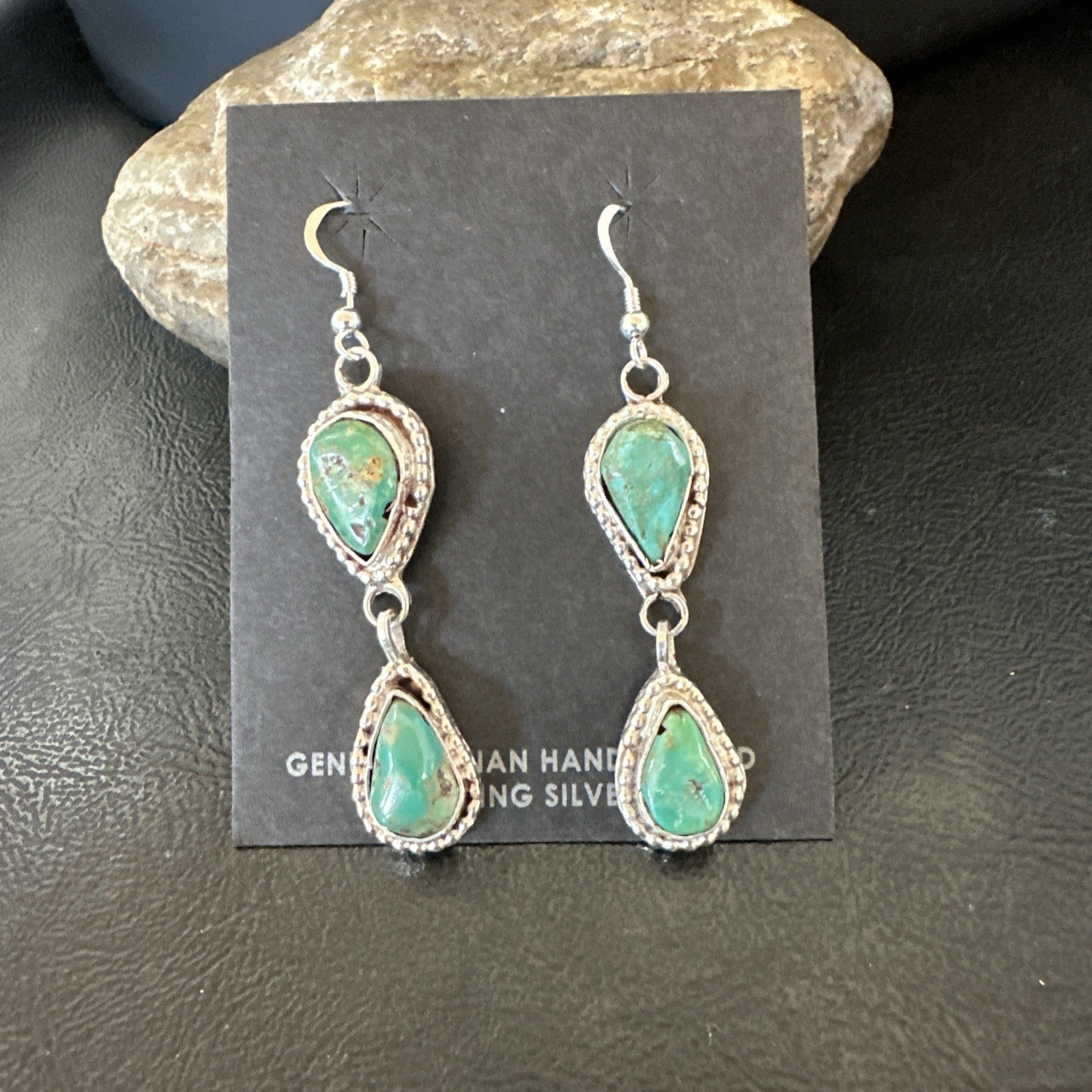 Green Royston Turquoise Navajo Sterling Silver Dangle Earrings 19404