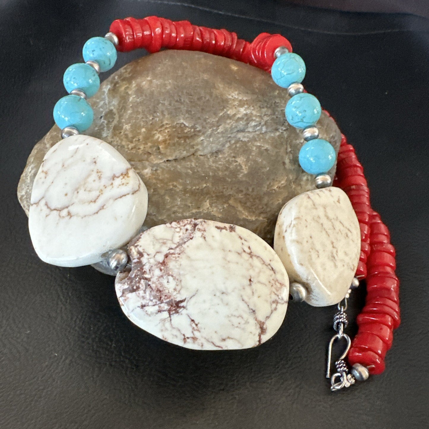 Mens Wild Horse Blue Turquoise Red Coral Navajo Sterling Silver Necklace 17980