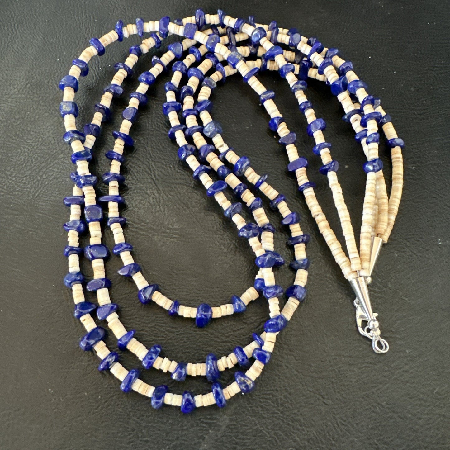 Blue Lapis Lazuli Tan Shell 3 Strand Navajo Sterling Silver Necklace 21” 19703