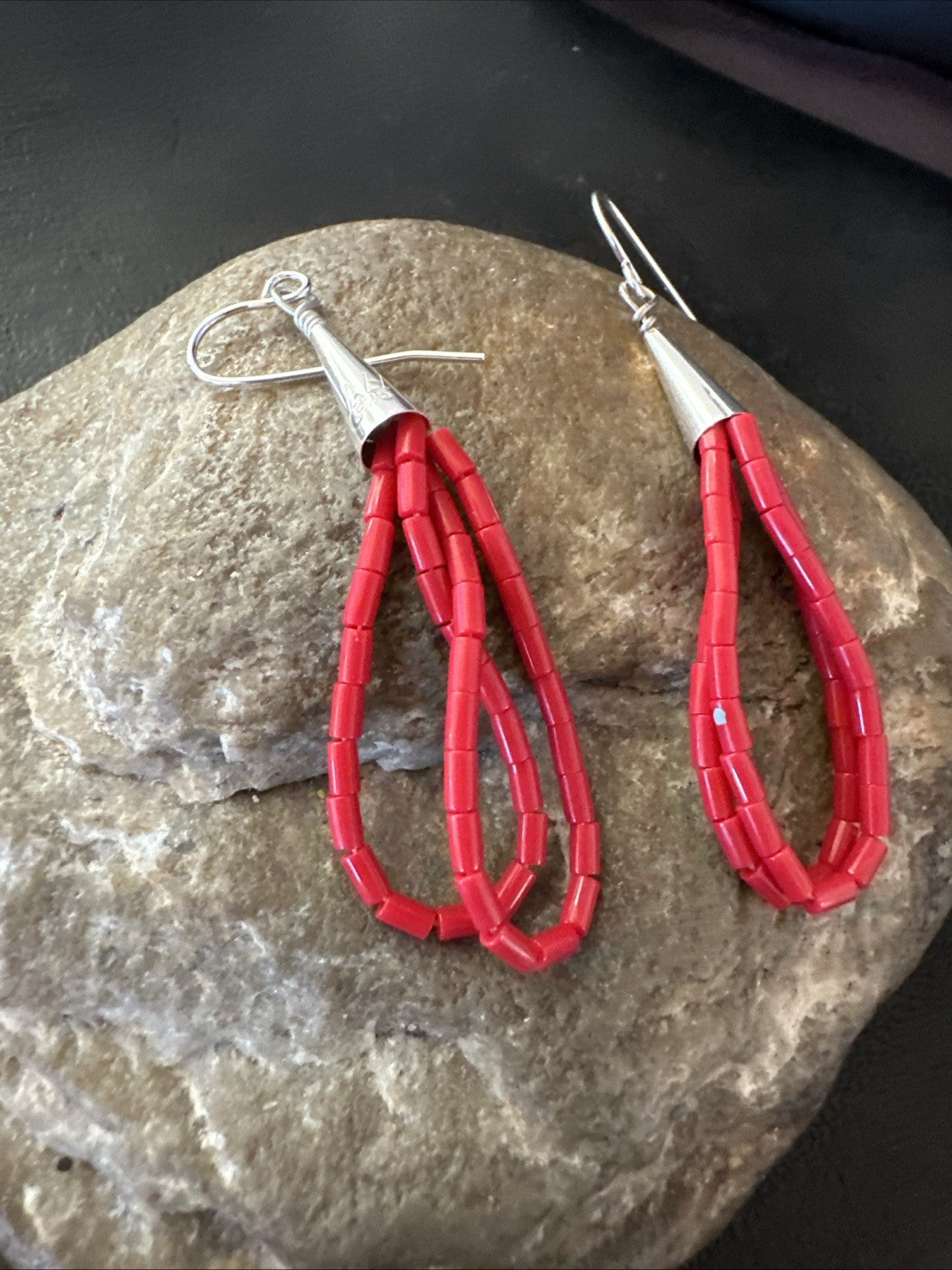 Native Red Coral Heishi Tube Liquid Sterling Silver Dangle Earrings 2" 4399