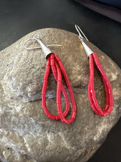Native Red Coral Heishi Tube Liquid Sterling Silver Dangle Earrings 2" 4399