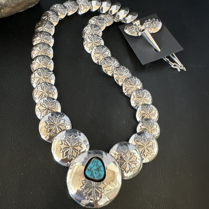 Turquoise Pillow Navajo Sterling Silver Bead Necklace 15082