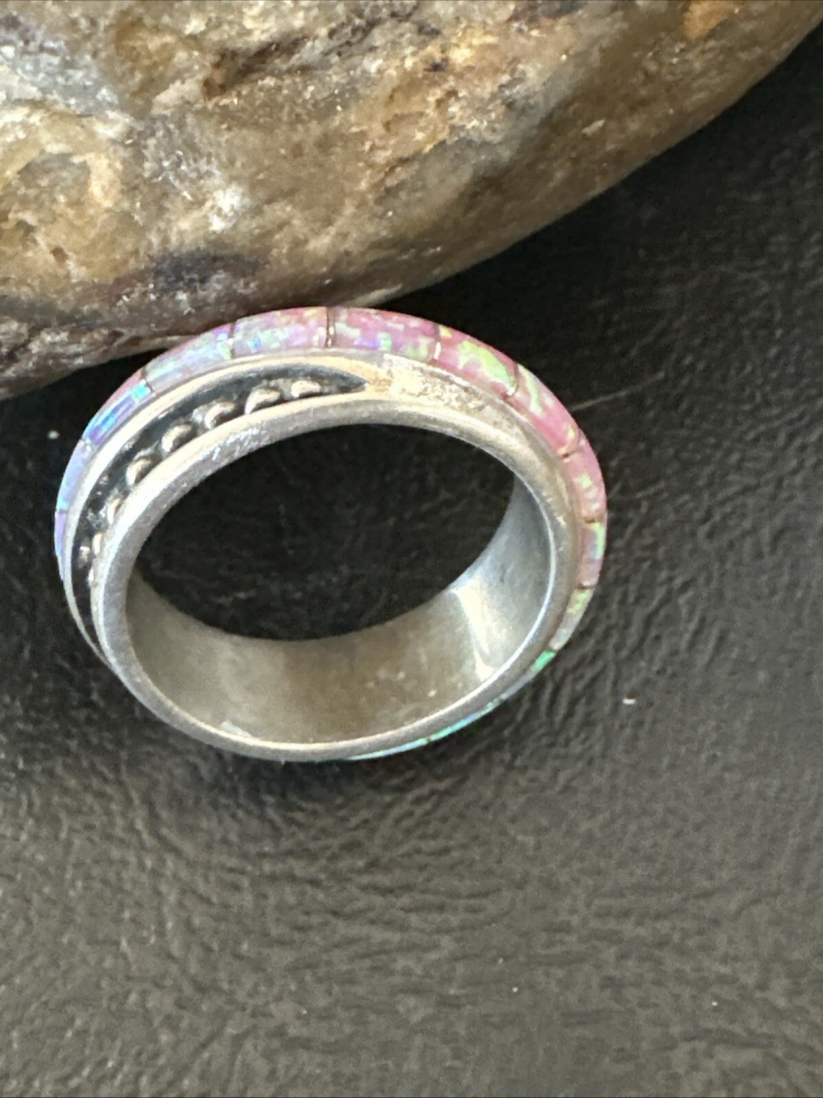 Pink Opal Navajo Sterling Silver Band Inlay Ring Size 9 18784