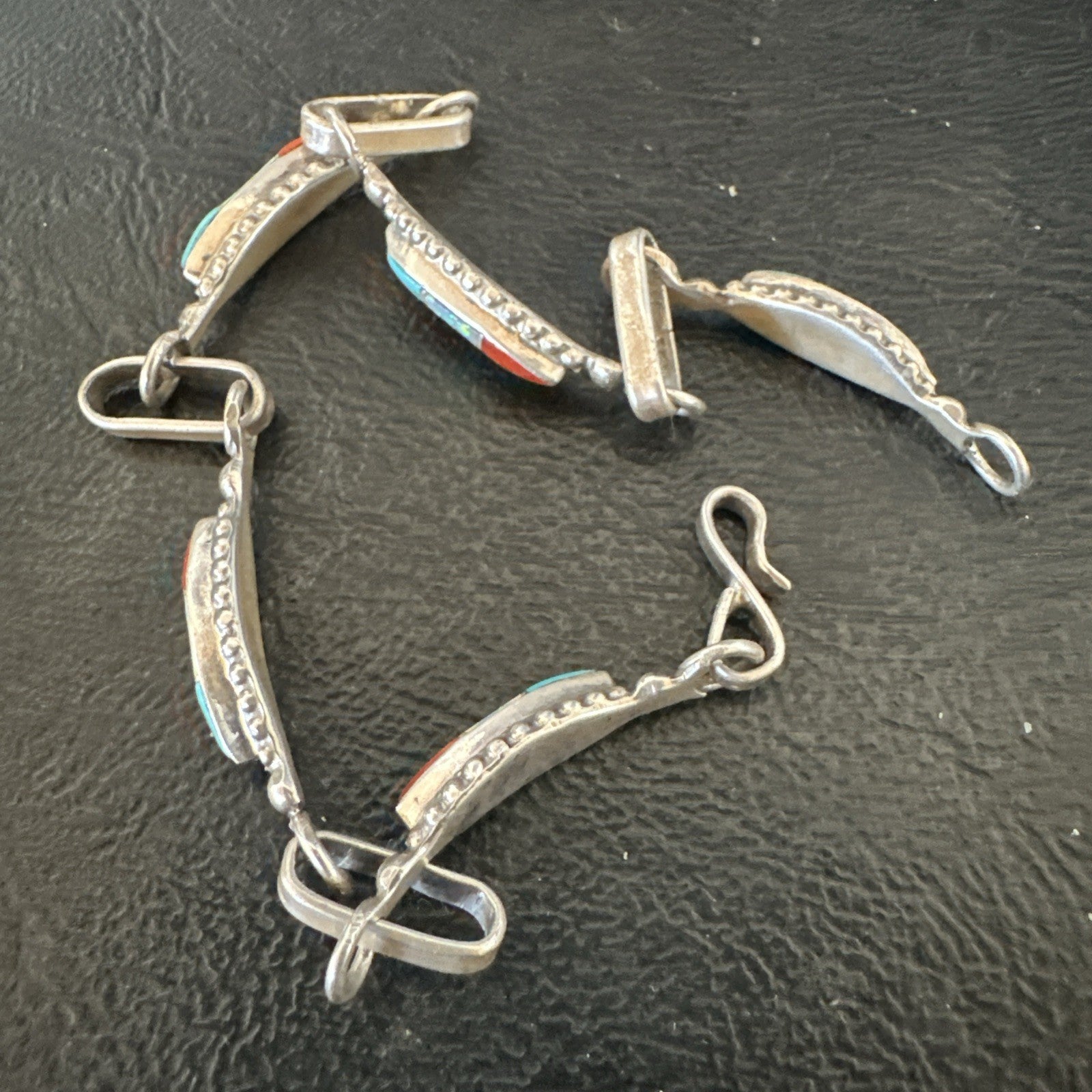 Women Oldpawn Turquoise Opal Coral Navajo Sterling Silver Link Bracelet 8” 19798