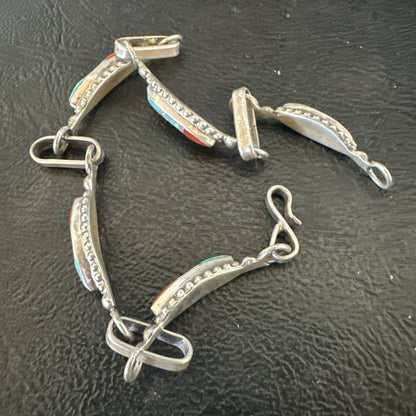 Women Oldpawn Turquoise Opal Coral Navajo Sterling Silver Link Bracelet 8” 19798