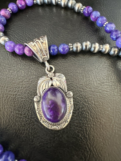 Purple Stone Pendant Navajo Sterling Silver Beads Necklace 18390