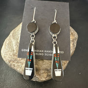 XL Navajo Onyx Turquoise Coral Inlay Earrings Sterling Silver Handmade 19774
