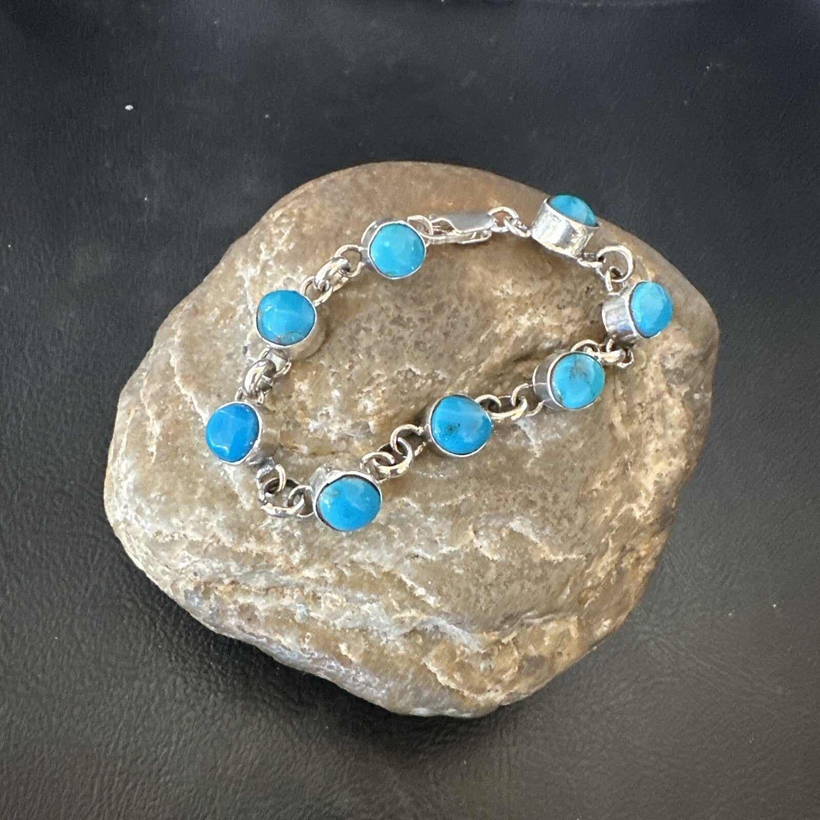 Childrens Blue Kingman Turquoise Navajo Sterling Silver Link Bracelet 6.5" 18300