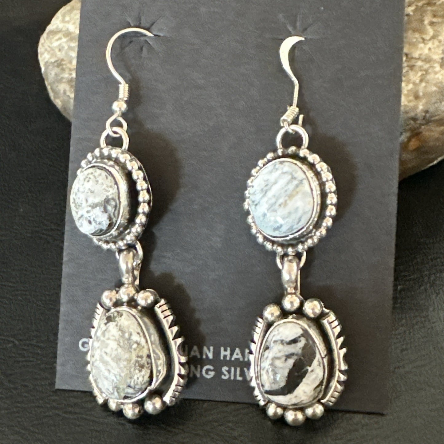 Womens Navajo White Buffalo Turquoise Sterling Silver Dangle Earrings 2" 19309