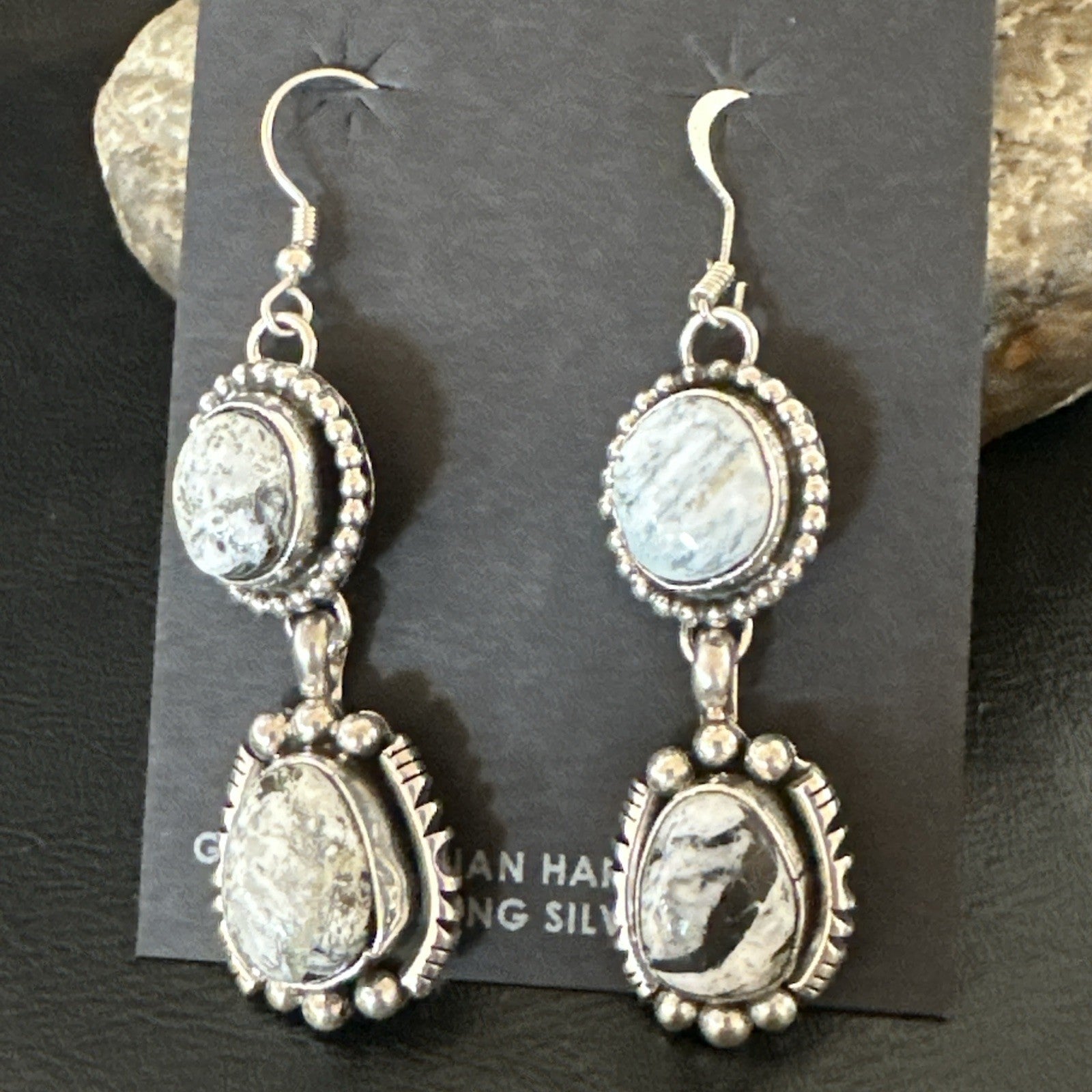 Womens Navajo White Buffalo Turquoise Sterling Silver Dangle Earrings 2" 19309