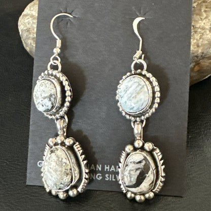Womens Navajo White Buffalo Turquoise Sterling Silver Dangle Earrings 2" 19309